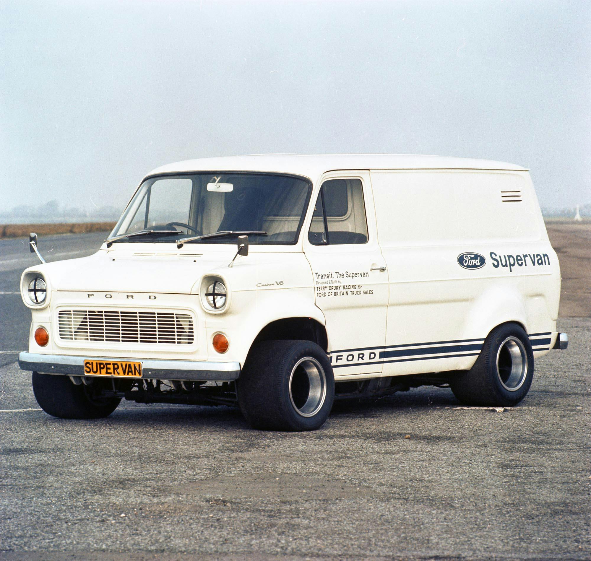 1971 Ford Transit Mark I Racing V8 Supervan in parking lot CN UK 1971-175-0001
